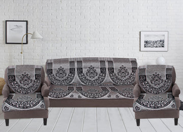 Nendle Damask Design Concept Sofa Set Covers 5 Seater with 80% Cotton & 20% Jute (Black, Pack of 6)